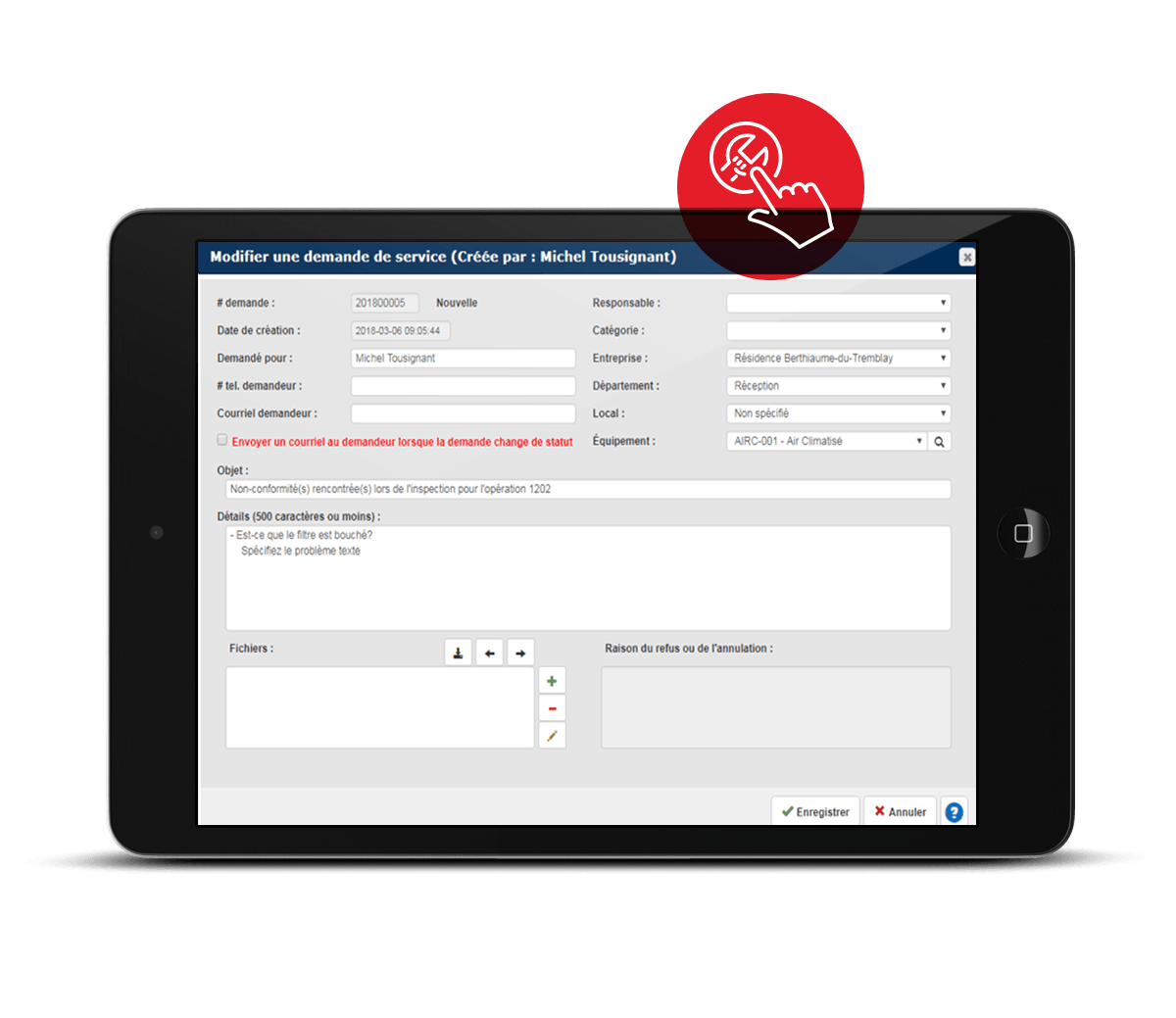 La fonctionnalité "Modifier une demande de service" sur le GMAO Maintenance Directe.