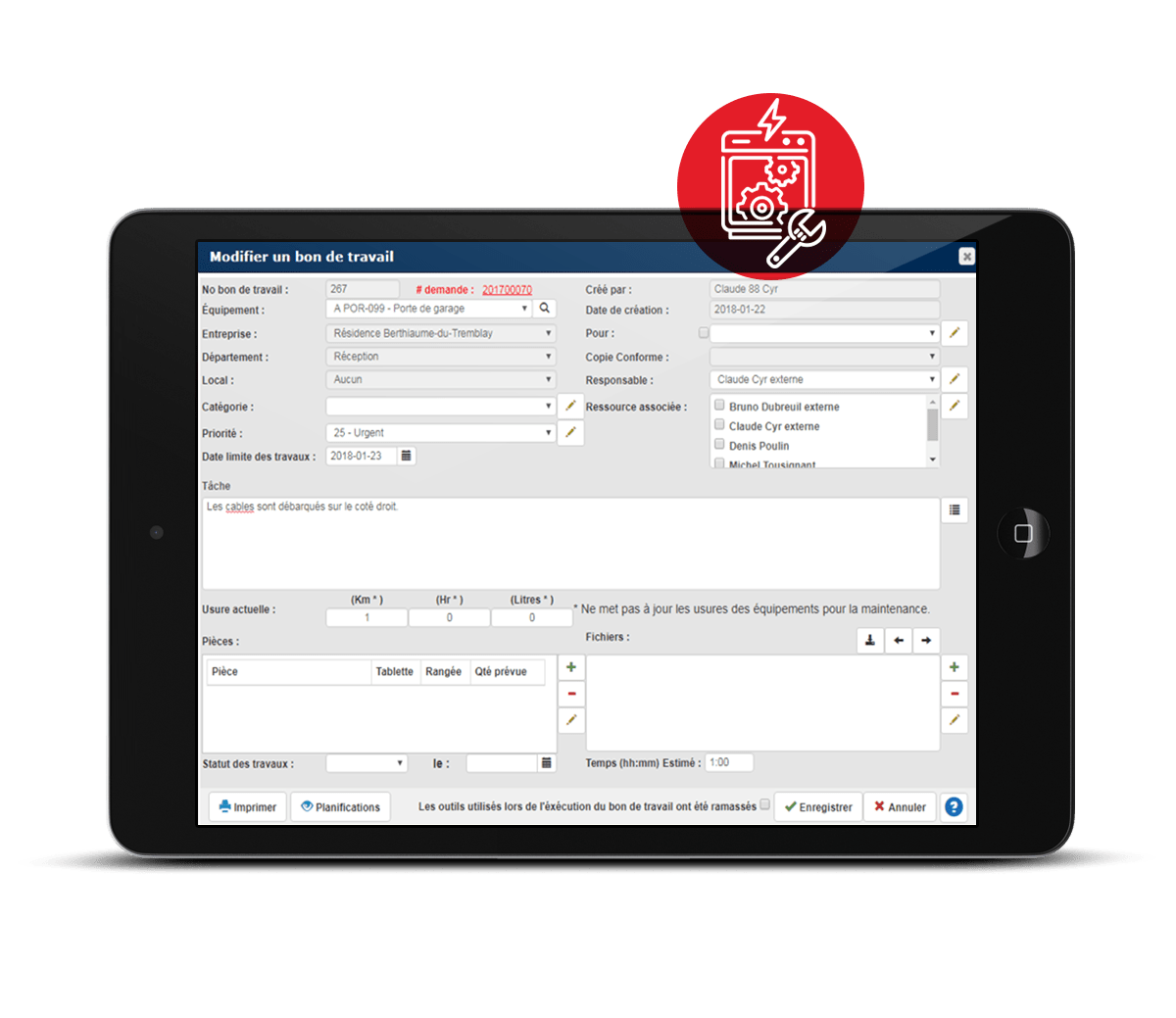 La fonctionnalité "Modifier un bon de travail" sur le GMAO Maintenance Directe.